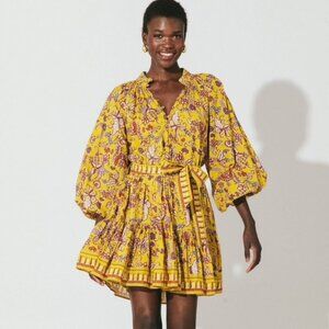 Cleobella Elvia Mini Dress Evora Print Yellow Floral Boho NWT Size M